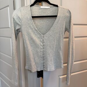 Lush Button Up Ribbed Long Sleeve Top in Grey